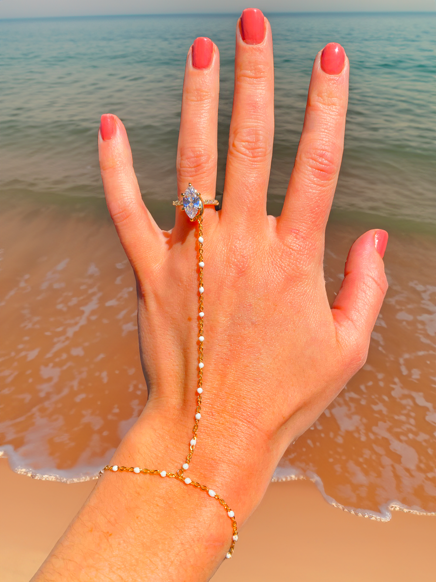 Gold with White Bead Ring Link